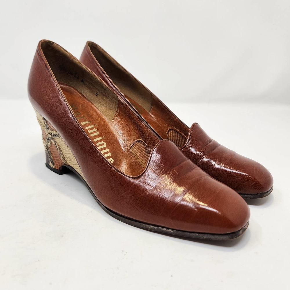 Martinique Womens Vintage Wedge Heels 6N Brown Leather Snake Skin Slip On Shoes